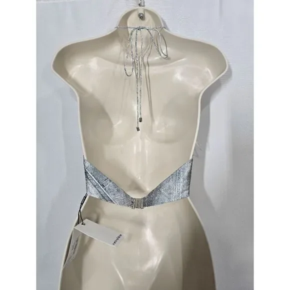 Retrofête Blue Romano Denim Halter Neck Duncan Cropped Top Size Large - Picture 4 of 5